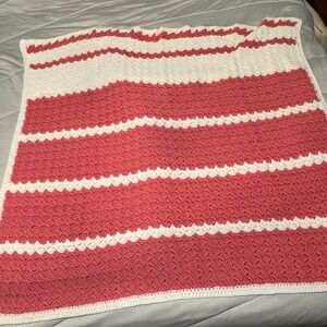 Handmade Crochet Baby Blanket Pink White Stripe Afghan Knit   57" x 60"‎ Throw